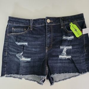 SO Blue Jean Shortie Cut High Rise Waist Shorts Distressed Raw-Edge